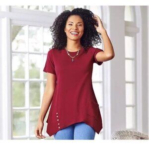Lori Goldstein Logo Tunic Top Large Cotton Modal Knit Magenta Crew Short Sleeve